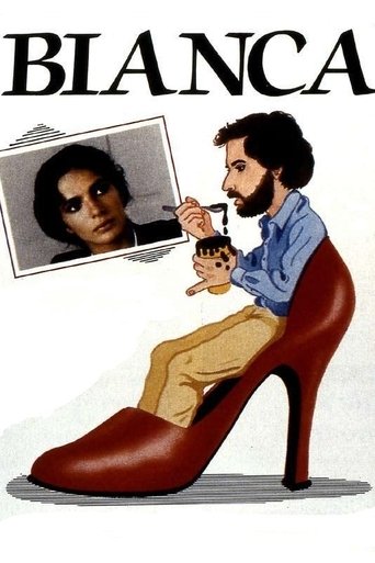 The poster features a glamorous woman in a red high-heeled shoe, holding a camera and a small dog. The title "Bianca" is prominently displayed in bold letters. The overall mood is confident and stylish.