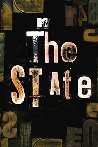 The poster features a dark, textured background with the title "The State" in bold, distressed typography. The MTV logo sits at the top, surrounded by scattered letters and numbers in muted gold and black tones, creating a gritty, urban atmosphere.