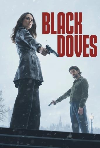 The poster features a woman in a leather jacket pointing a gun, standing against a snowy backdrop with a man in a green jacket holding a gun below. The red text "BLACK DOVES" dominates the image, conveying a tense, dramatic atmosphere.