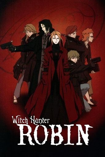 The poster features six characters in dramatic poses against a deep red background, creating a mysterious and intense atmosphere. The characters are dressed in dark, gothic-style clothing, with one prominently holding a gun and another brandishing a sword. The title "Witch Hunter Robin" is displa...