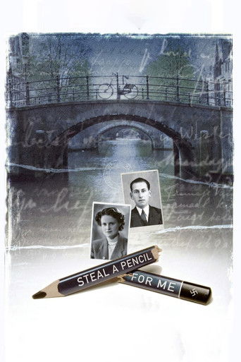 The poster features a vintage-style illustration of a canal bridge with a moody, sepia-toned atmosphere. Two black-and-white portraits of young people are placed in the foreground, evoking nostalgia and youthful energy. The title "Steal a Pencil for Me" is written in bold, distressed typography, ...