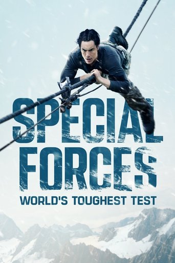 The poster features a determined climber in a dark uniform against a snowy mountain backdrop, exuding strength and resilience. The bold blue text "SPECIAL FORCES" dominates the center, while "WORLD'S Toughest Test" sits below in smaller white letters. The overall mood is intense and adventurous, ...