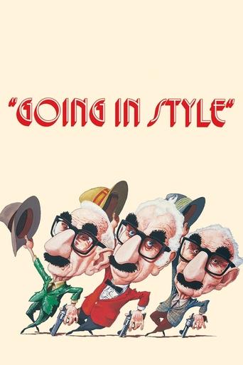 The poster features four animated characters in a playful, energetic pose against a warm beige background. They wear stylish outfits and sunglasses, exuding confidence and humor. The red title text "GOING IN STYLE" adds a bold, eye-catching touch. The overall mood is lively and fun, capturing the...