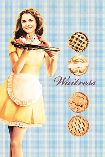A cheerful waitress in a yellow dress and apron holds a tray with pastries, set against a blue checkered background. The poster features four croissants and a muffin, emphasizing the culinary theme. The overall mood is warm and inviting, capturing the essence of a delightful morning service.