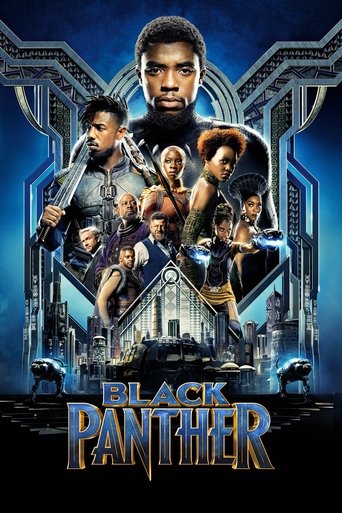 The poster features a central figure with a confident expression, surrounded by cast members in dynamic poses against a dark, starry backdrop. The title "Black Panther" glows in metallic gold, emphasizing the film's superhero theme. The overall mood is heroic and adventurous, with rich blues and ...