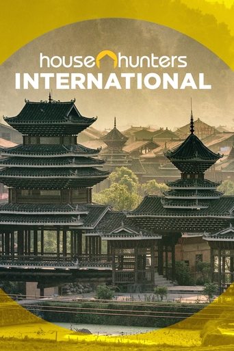 The poster features a traditional Chinese temple with dark, tiered roofs set against a warm, golden background. The text "House Hunters International" is prominently displayed at the top in bold white letters. The overall mood is serene yet inviting, suggesting a search for a home in a peaceful s...