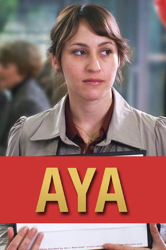 The poster features a woman with a serious expression, her gaze directed off-screen. The red background with bold gold letters "AYA" dominates the lower portion. The muted tones and soft lighting evoke a somber, contemplative mood.