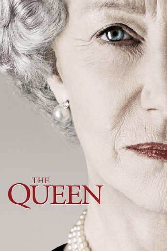 The poster features a close-up of an elderly woman with gray hair and piercing blue eyes, exuding elegance and authority. The deep red title "THE QUEEN" stands out against the soft, muted background, creating a dramatic and regal mood.