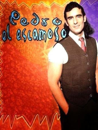 The poster features Pedro El Escamoso in a stylish brown vest against a vibrant red background. The title "Pedro El Escamoso" is prominently displayed in a playful, glowing font. The overall mood is energetic and inviting, capturing the essence of a classic flamenco performance.