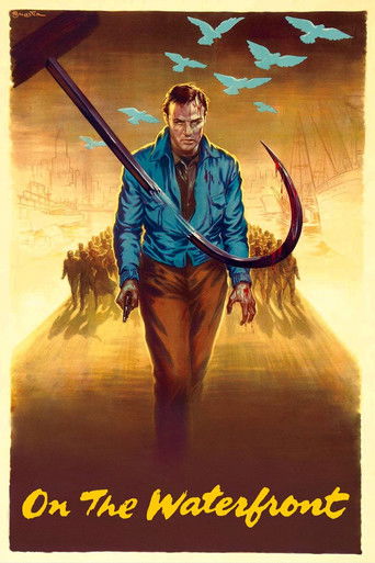 This movie poster features a gritty, moody scene with a man walking through a desolate landscape, carrying a large hook. The warm, golden hues evoke a sense of danger and isolation, while the silhouette of a boat and birds in the sky add to the atmospheric tension. The title "On The Waterfront" i...
