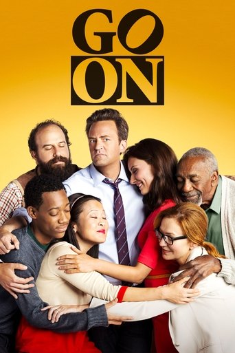 The poster features a group of six diverse characters huddled together against a warm yellow background, creating a sense of unity and camaraderie. The bold black text "GO ON" anchors the composition, while the vibrant colors evoke a lively, energetic atmosphere that hints at the show's upbeat tone.