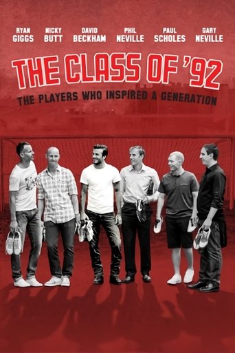 The poster features a group of young men standing against a bold red background, exuding a sense of camaraderie and youthful energy. The title "The Class of '92" is prominently displayed in white text, emphasizing the film's focus on the 1992 generation. The overall composition suggests a nostalg...