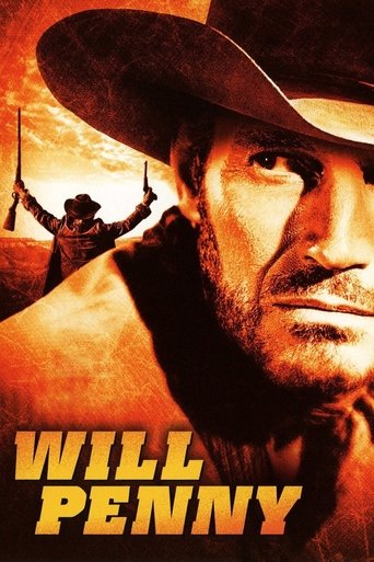 The poster features a rugged cowboy with a stern expression, set against a fiery orange backdrop. A silhouette of another cowboy in the background adds depth and mystery. The bold title "WILL PENNY" in yellow letters dominates the bottom, evoking a classic Western adventure.