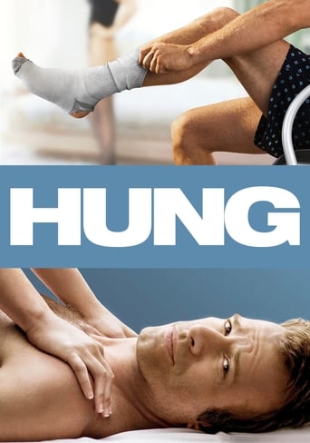 The poster features a man with a serious expression, his hands resting on his chest, while another person in white socks and black shorts stretches their leg. The bold "HUNG" text in white dominates the center, set against a blue background. The overall mood is intense and dramatic, suggesting a ...