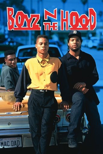 The poster features two men in a gritty urban setting, one in a yellow shirt and dark pants, the other in a black shirt and jeans. The vibrant red title "Boyz n the Hood" dominates the top, evoking a cool, rebellious mood. The background includes a vintage car and other figures, adding depth to t...