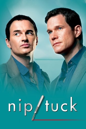 The poster features two men in matching teal suits against a soft blue background, exuding confidence and professionalism. The title "nip/tuck" is prominently displayed in white text, with a stylized slash accentuating the name. The overall composition conveys a sense of authority and intrigue, h...