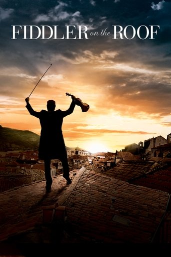 The poster features a silhouetted figure of a man with a fiddle, standing on a cobblestone street under a dramatic sunset sky. The warm orange and yellow hues of the sunset contrast with the dark silhouette, evoking a sense of mystery and nostalgia. The title "Fiddler on the Roof" is prominently ...