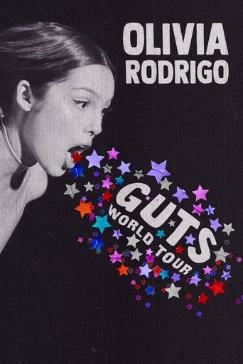 The poster features a striking black-and-white portrait of Olivia Rodrigo, her expression intense and captivating. The title "GUTS" is boldly displayed in white, surrounded by colorful stars in red, blue, and purple, creating a dynamic and energetic visual. The overall mood is one of excitement a...