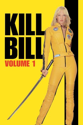 The poster features a striking blonde woman in a bold yellow jumpsuit holding a katana, set against a vibrant yellow background with bold black text. The mood is intense and dramatic, capturing the essence of the action-packed film.