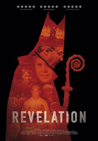 The poster features a mysterious, shadowy figure holding a glowing staff against a dark background. The title "REVELATION" is prominently displayed in bold, white letters. The overall mood is mysterious and intriguing, with a sense of anticipation and mystery.
