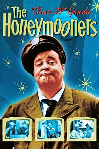 The Honeymooners poster features a cheerful, slightly mischievous man in a brown suit and hat against a starry blue background. Three small clips at the bottom hint at the show's comedic sketches. The overall mood is playful and nostalgic, capturing the essence of classic sitcom humor.