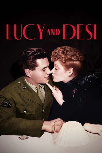The poster features a romantic scene between a man in a military uniform and a woman in a white dress, with the title "Lucy and Desi" prominently displayed in bold red letters. The mood is intimate and dramatic, capturing a moment of connection between the two characters.