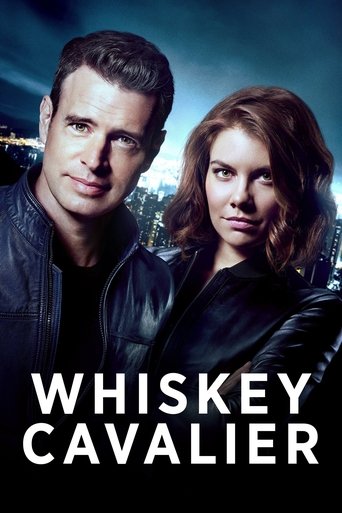 The poster features a man and woman in dark leather jackets against a moody, dimly lit cityscape backdrop. The cool blue tones and shadows evoke a sense of mystery and tension, while the bold white text "WHISKEY CAVALIER" anchors the image with a dramatic and intriguing title.