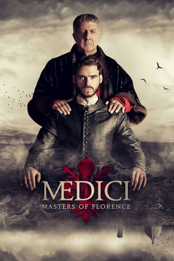 The poster features two men in period attire against a dramatic, cloudy sky. The man in the foreground wears a dark coat with a red sash, while the man behind him dons a black cloak. Birds fly across the sky, adding to the epic atmosphere. The title "Medici: Masters of Florence" is prominently di...