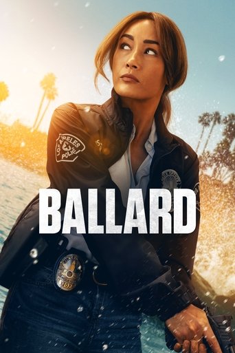 A determined woman in a leather jacket stands against a warm sunset backdrop, her gaze fixed upward with a sense of resolve. The bold white text "BALLARD" dominates the foreground, while palm trees and golden hues suggest an adventurous, sun-drenched setting.