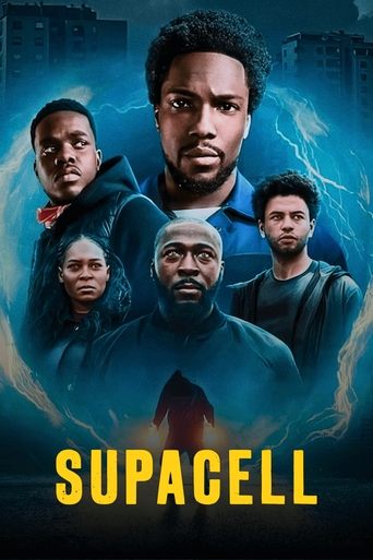 The poster features six characters against a dark, stormy background with lightning and city lights. The central figure looks intense, while others display expressions of fear or determination. The bold yellow text "SUPACELL" dominates the bottom, suggesting a high-stakes, action-packed narrative.