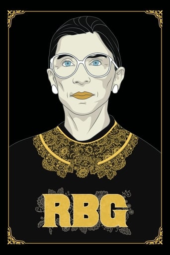 This movie poster features a stylized illustration of a woman with glasses and a gold collar, set against a black background. The bold "RBG" text in gold emphasizes the movie's name. The mood is mysterious and intriguing, hinting at a complex narrative.
