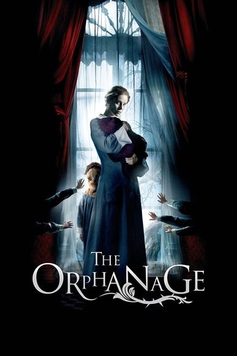The Orphanage poster features a mysterious, dark atmosphere with red curtains framing a window that lets in soft, ethereal light. A young girl stands in the foreground, while an older woman in a long dress holds a child in the background. The mood is eerie and suspenseful, hinting at a thrilling ...