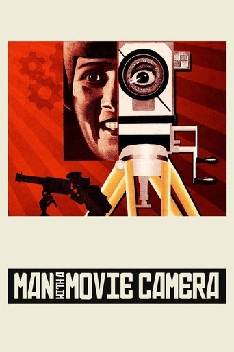 The poster features a striking portrait of a man with a camera lens, set against a bold red and black background. Below, a silhouette of a gun adds tension, while the title "MAN WITH THE MOVIE CAMERA" is prominently displayed in bold white letters. The overall composition conveys a sense of myste...
