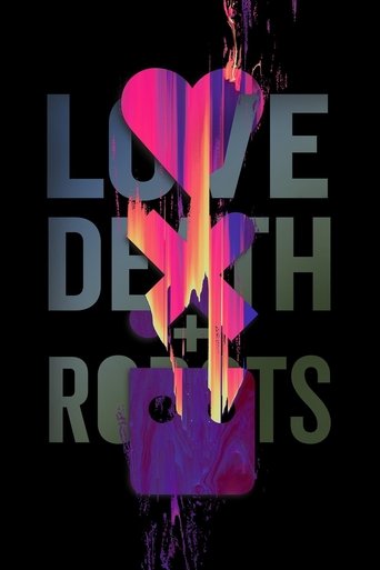 The poster features a dark background with the title "LOVE, DEATH & ROBOTS" in bold, metallic letters. A stylized heart shape in vibrant pink and purple dominates the center, blending with the text. The overall mood is mysterious and dramatic, suggesting themes of human connection and technologic...