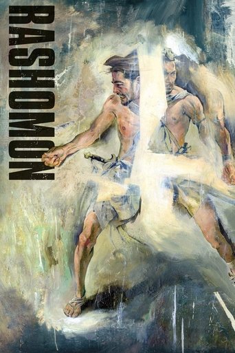 The poster features two men in a dramatic pose, one in the foreground and another in the background. The colors are muted with a blend of blues, whites, and grays, creating a somber and mysterious atmosphere. The title "RASHOMON" is prominently displayed in bold, vertical letters on the left side.