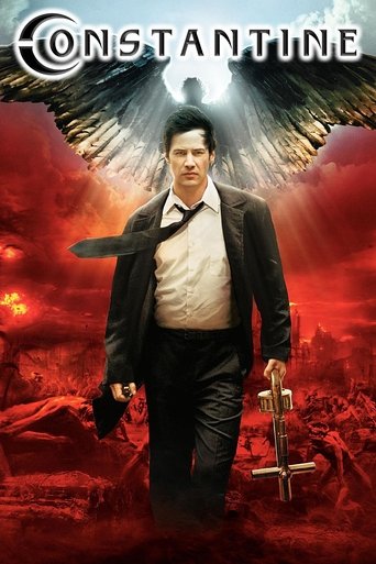 A determined man in a black suit walks through a fiery, red landscape under a dramatic sky. His expression is serious, and his posture suggests resolve. The poster conveys a sense of danger and action, with the title "Constantine" prominently displayed at the top.
