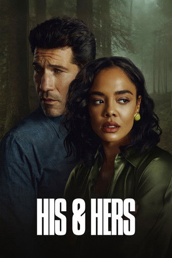 The poster features a man and woman with intense, serious expressions, set against a moody, dimly lit background. The title "HIS & HERS" is prominently displayed in bold white letters at the bottom, conveying a dramatic and suspenseful tone.