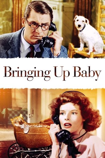 The poster features a man in glasses and a woman with red hair, both holding telephones. A white dog sits on a wooden chair in the background. Warm tones and a cozy atmosphere suggest a classic film.