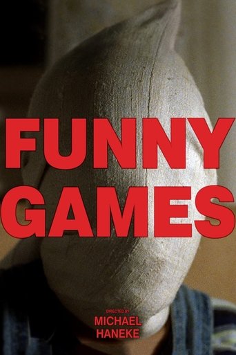 The poster features a hauntingly realistic, weathered mask in muted tones, with bold red text reading "FUNNY GAMES" against a dark background. The eerie atmosphere is enhanced by the shadowy figure of a person peeking through the mask, evoking a sense of psychological horror and unsettling suspense.
