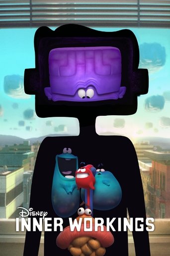 The poster features a mysterious figure with a purple, glowing head and a black body, surrounded by colorful, animated characters like a blue robot and a red robot. The scene exudes a sense of mystery and intrigue, with the title "Inner Workings" prominently displayed in bold white letters.