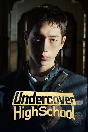 The poster features a young man with a serious expression, wearing a dark blue jacket against a dimly lit background. The title "Undercover High School" is prominently displayed in bold, yellow lettering, evoking mystery and intrigue.