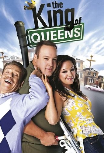 The poster features three characters in a cheerful, sunny scene with bright blue skies and warm tones. The man in the center smiles confidently while the woman on the right looks relaxed, and the man on the left laughs heartily. The title "The King of Queens" is prominently displayed in bold, pla...