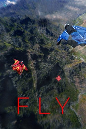 The poster captures a breathtaking aerial view of two skydivers gliding through lush green mountains, their vibrant red and blue outfits contrasting against the verdant landscape. The bold red "FLY" text anchors the image, evoking a sense of freedom and adventure.