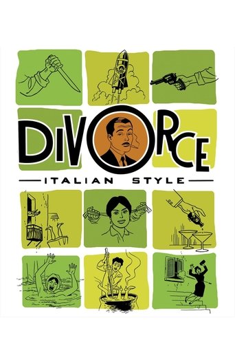 The poster features a collage of nine illustrated scenes depicting divorce moments, set against a vibrant green background. The central figure, a man with a somber expression, anchors the composition. The mood is melancholic yet humorous, capturing the essence of Italian style through its playful...