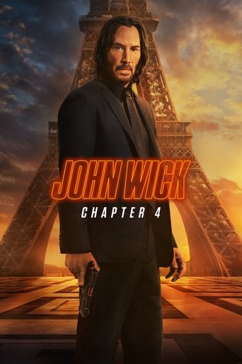 The poster features a powerful man in a black suit against a dramatic sunset backdrop, evoking a sense of mystery and danger. The fiery orange and yellow hues create a striking contrast, while the bold red text announces "John Wick" and "Chapter 4."