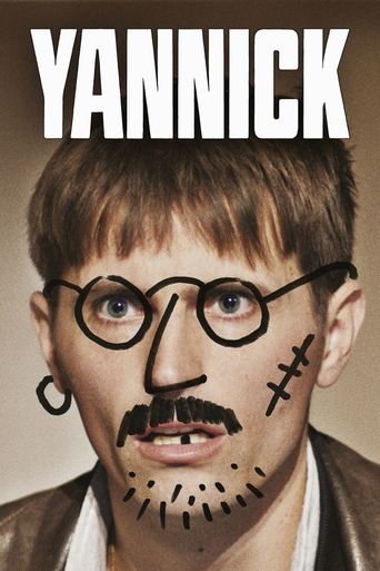 The poster features a man with a distinctive face painted on, wearing glasses and sporting a mustache with stitches. The bold white text "YANNICK" dominates the top. The overall mood is eerie and humorous, suggesting a blend of horror and comedy.