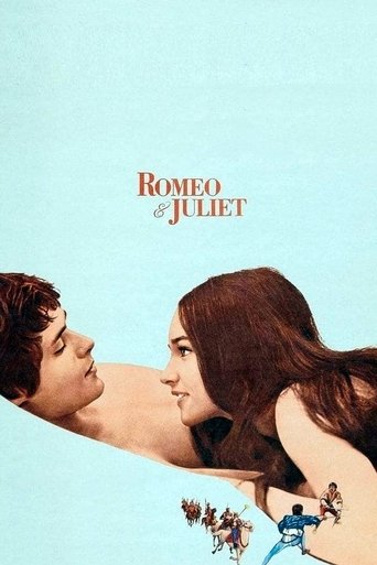 The poster features a tender, romantic scene with a young man and woman in soft pastel tones, creating a dreamy atmosphere. The title "Romeo and Juliet" is elegantly placed at the top, emphasizing the classic tragedy of their story.