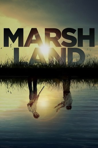 The poster features silhouettes of people walking through a marsh, their reflections shimmering in the water below. The warm sunset hues blend with the dark, moody atmosphere, creating a serene yet mysterious mood.