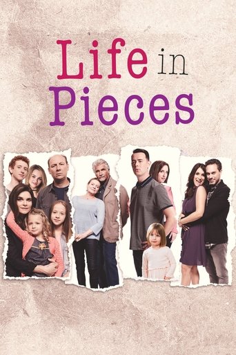 The poster features a group of diverse family members standing together against a textured, warm-toned background. The title "Life in Pieces" is prominently displayed in bold, colorful letters. The overall mood is intimate yet nostalgic, suggesting a story of personal growth and connection.