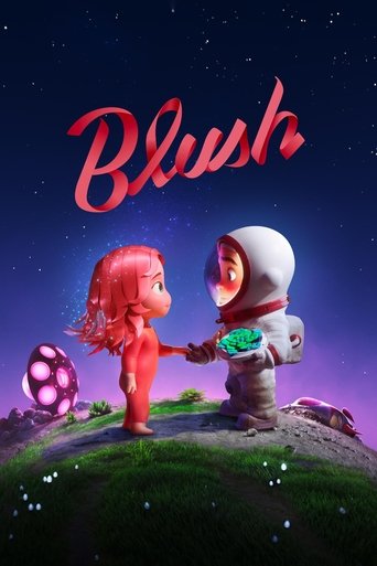 The poster features a whimsical scene with a red-haired girl in a red dress and a space astronaut in a white helmet holding a glowing purple ball. The dark, starry night sky provides a dreamy backdrop, while the vibrant colors of the characters and the ball create a magical atmosphere.